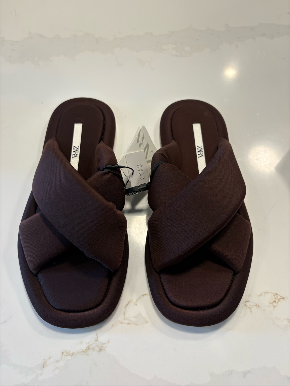 Zara Padded Crisscross Slide Sandals in Dark Brown